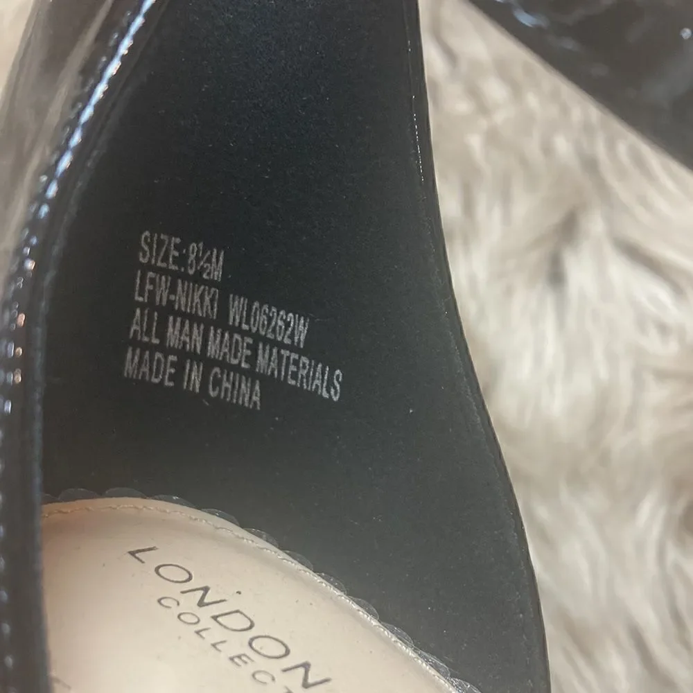 LONDON FOG Nikki Low Block Heel Shoe Ankle Strap Open Toe Shiny Pump Sandal